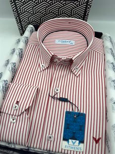 Slim Fit Uzun Kol Premium Çizgili Yaka Düğmeli Hediye Kutulu Erkek Gömlek FS-004440 - Bordo