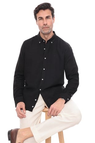 Slim Fit Uzun Kol Müslin Pamuk Rahat Nefes Alabilen Kumaştan Yaka Düğmeli Hediye Kutulu Erkek Gömlek FS-004202 - Siyah