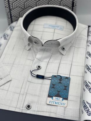 Klasik Kısa Kol Kareli Keten Cotton Yaka Düğmeli Hediye Kutulu Erkek Gömlek FS-003573 - Beyaz Gri