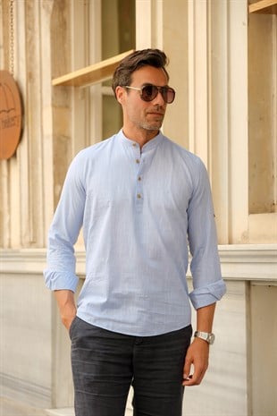 Slim Fit Uzun Kol Hakim Yaka Yarım Patlı Hediye Kutulu Erkek Gömlek FS-003687 - Açık Mavi