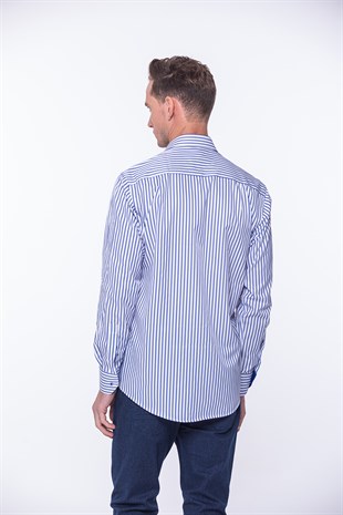 Klasik Uzun Kol Kalın Çizgili Hediye Kutulu Erkek Gömlek FS-001260 - Beyaz Saks Mavi
