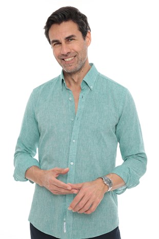 Slim Fit Uzun Kol Yaka Düğmeli Nefes Alan Keten Hediye Kutulu Erkek Gömlek FS-004548 - Açık Yeşil