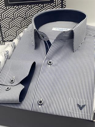 Klasik Uzun Kol İnce Çizgili Cepli Hediye Kutulu Erkek Gömlek FS-003317 - Lacivert