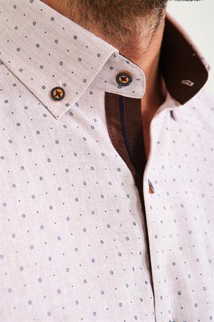 Klasik Kısa Kol Çarpı Filafil Desen Düğmeli Yaka Hediye Kutulu Erkek Gömlek FS-001215 - Bej