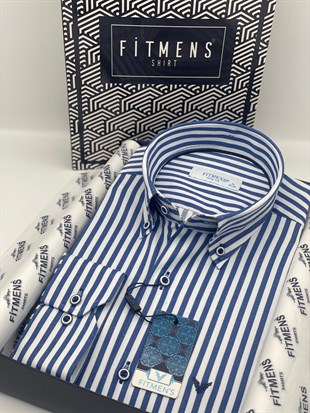 Slim Fit Uzun Kol Likralı Çizgili Yaka Düğmeli Hediye Kutulu Erkek Gömlek FS-003669 - Saks Mavi