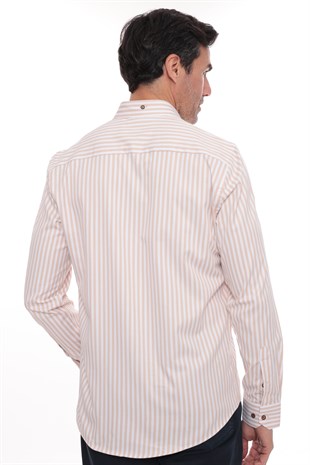 Slim Fit Uzun Kol Likralı Çizgili Yaka Düğmeli Hediye Kutulu Erkek Gömlek FS-003669 - Bej