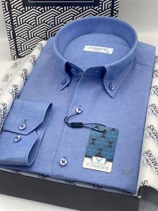 Slim Fit Uzun Kol Pamuklu Hediye Kutulu Kolay Ütülenebilir Erkek Gömlek FS-002225 - Saks Mavi