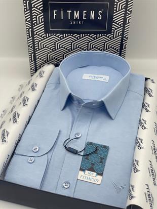 Slim Fit Uzun Kol Saten Hediye Kutulu Kolay Ütülenebilir Erkek Gömlek FS-002968 - Mavi