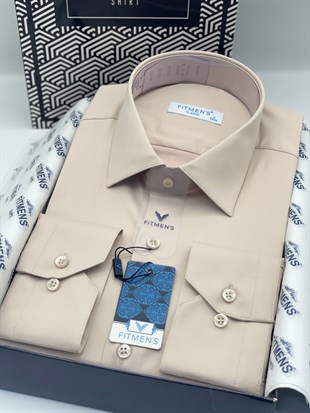 Klasik Uzun Kol Cepsiz Likralı Rahat Kumaş Erkek Gömlek FS-004517 - Bej