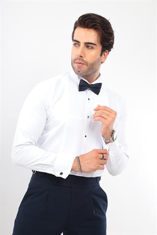 Slim Fit Uzun Kol Soft Saten Smokin Damatlık Erkek Hediye Kutulu Gömlek FS-001947 - Beyaz Lacivert