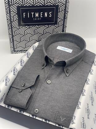Klasik Uzun Kol Pamuklu Yaka Düğmeli Hediye Kutulu Kolay Ütülenebilir Erkek Gömlek FS-003897 - Antrasit