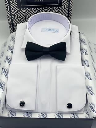 Slim Fit Uzun Kol Ata Yaka Gizli Düğmeli Smokin Damatlık Erkek Gömlek FS-004297 - Beyaz