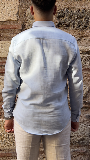 Slim Fit Uzun Kol Müslin Pamuk Rahat Nefes Alabilen Kumaştan Yaka Düğmeli Hediye Kutulu Erkek Gömlek FS-004202 - Açık Mavi