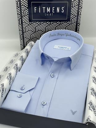Slim Fit Uzun Kol Ömür Boyu Yakandayım Nakışlı Hediye Kutulu Erkek Gömlek FS-001376 - Mavi