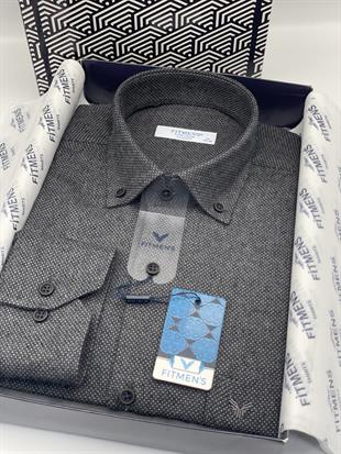 Klasik Uzun Kol Kışlık Kuşgözü Yaka Düğmeli Yünlü %100 Cotton Hediye Kutulu Erkek Gömlek FS-003768 - Antrasit