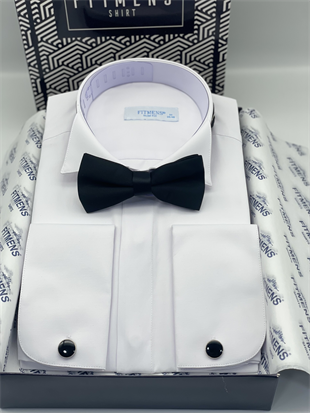 Slim Fit Uzun Kol Ata Yaka Gizli Düğmeli Smokin Damatlık Erkek Gömlek FS-004297 - Beyaz