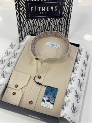 Hakim Yaka Slim Fit Keten Hediye Kutulu Erkek Gömlek FS-003042 - Bej