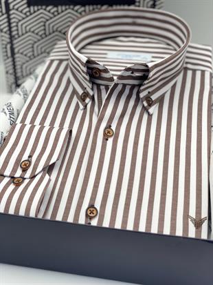 Slim Fit Uzun Kol Likralı Çizgili Yaka Düğmeli Hediye Kutulu Erkek Gömlek FS-003669 - Kahverengi