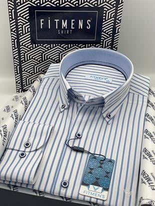 Slim Fit Uzun Kol Premium Kalın Çizgili Yaka Düğmeli Hediye Kutulu Kolay Ütülenebilir Erkek Gömlek FS-001375 - Beyaz Açık Mavi