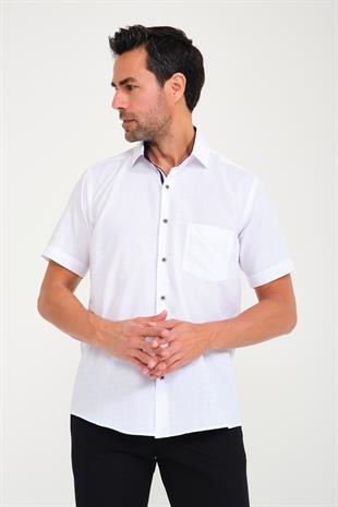 Klasik Kısa Kol Açık Zemin Kutu Desen Keten Cotton Hediye Kutulu Erkek Gömlek FS-000745 - Beyaz Lacivert