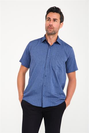 Klasik Kısa Kol Açık Zemin Kutu Desen Keten Cotton Hediye Kutulu Erkek Gömlek FS-000745 - Koyu Lacivert