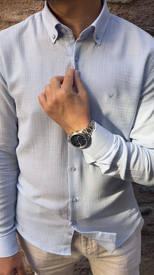 Slim Fit Uzun Kol Müslin Pamuk Rahat Nefes Alabilen Kumaştan Yaka Düğmeli Hediye Kutulu Erkek Gömlek FS-004202 - Açık Mavi
