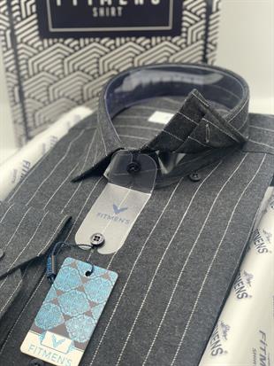 Klasik Uzun Kol Kışlık Çizgili Yaka Alttan Düğmeli Hediye Kutulu Erkek Gömlek FS-003363 - Siyah