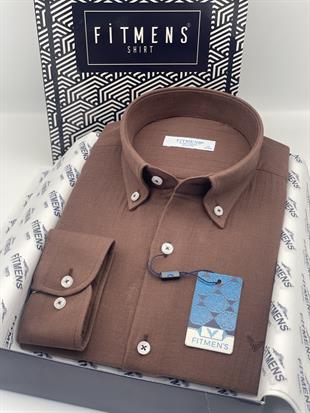 Slim Fit Uzun Kol Müslin Pamuk Rahat Nefes Alabilen Kumaştan Yaka Düğmeli Hediye Kutulu Erkek Gömlek FS-004202 - Kahverengi