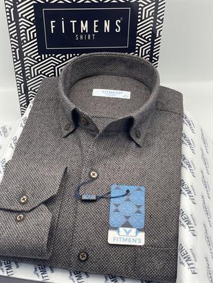 Klasik Uzun Kol Kışlık Yaka Düğmeli Yünlü %100 Cotton Hediye Kutulu Erkek Gömlek FS-003768 - Kahverengi