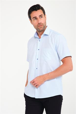 Klasik Kısa Kol V Flam Keten Hediye Kutulu Erkek Gömlek FS-001217 - Buz Mavi