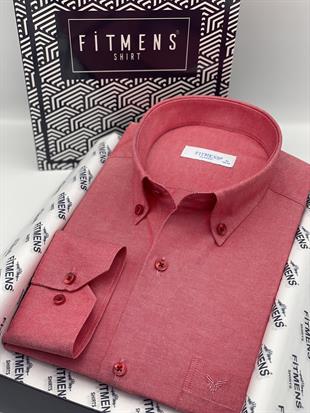 Klasik Uzun Kol Pamuklu Yaka Düğmeli Hediye Kutulu Kolay Ütülenebilir Erkek Gömlek FS-003897 - Kırmızı