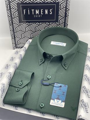 Slim Fit Uzun Kol Pamuklu Hediye Kutulu Kolay Ütülenebilir Erkek Gömlek FS-002225 - Koyu Yeşil