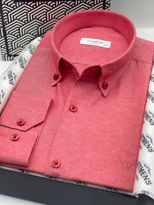 Slim Fit Uzun Kol Pamuklu Hediye Kutulu Kolay Ütülenebilir Erkek Gömlek FS-002225 - Kırmızı