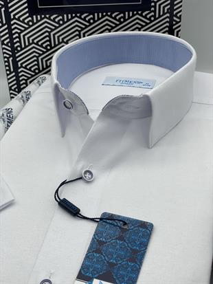 Klasik Kısa Kol Keten Cotton Hediye Kutulu Erkek Gömlek FS-003624 - Beyaz Açık Mavi