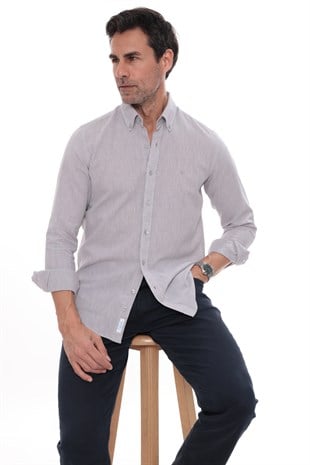 Slim Fit Uzun Kol Yaka Düğmeli Nefes Alan Keten Hediye Kutulu Erkek Gömlek FS-004548 - Gri
