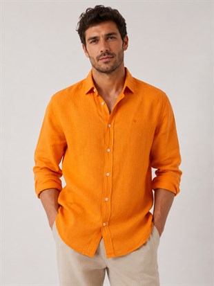 Slim Fit Uzun Kol %100 Keten Nefes Alabilen Kumaştan Hediye Kutulu Erkek Gömlek FS-004170 - Turuncu