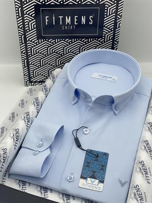 Slim Fit Uzun Kol Pamuklu Hediye Kutulu Kolay Ütülenebilir Erkek Gömlek FS-002225 - Buz Mavi