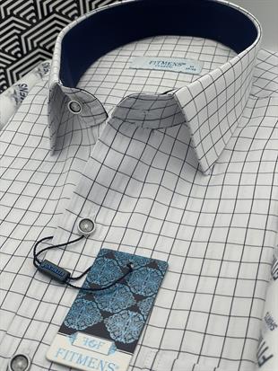 Klasik Kısa Kol Kareli Hediye Kutulu Erkek Gömlek FS-003623 - Beyaz Lacivert