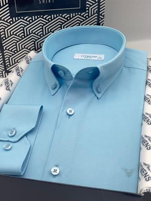 Slim Fit Uzun Kol Pamuklu Hediye Kutulu Kolay Ütülenebilir Erkek Gömlek FS-002225 - Turkuaz