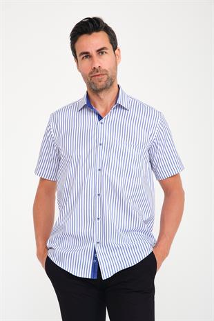Klasik Kısa Kol Kalın Çizgili Hediye Kutulu Erkek Gömlek FS-000702 - Beyaz Saks Mavi