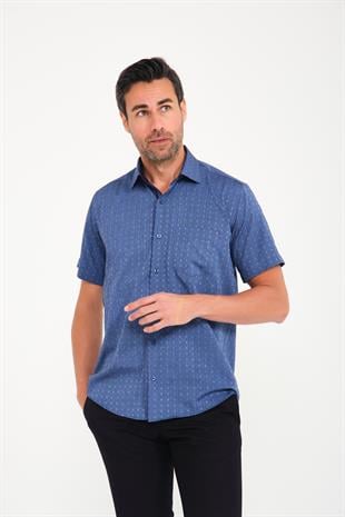 Klasik Kısa Kol Açık Zemin Kutu Desen Keten Cotton Hediye Kutulu Erkek Gömlek FS-000745 - Koyu Lacivert