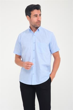 Klasik Kısa Kol Linen Keten Yaka Düğmeli Hediye Kutulu Erkek Gömlek FS-001202 - Mavi