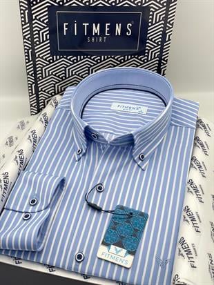 Slim Fit Uzun Kol Premium Kalın Çizgili Yaka Düğmeli Hediye Kutulu Kolay Ütülenebilir Erkek Gömlek FS-001375 - Açık Mavi