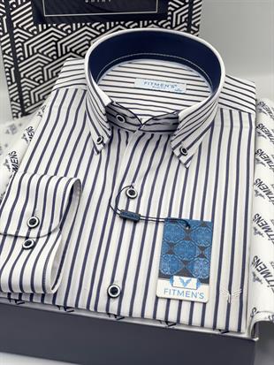 Slim Fit Uzun Kol Premium Kalın Çizgili Yaka Düğmeli Hediye Kutulu Kolay Ütülenebilir Erkek Gömlek FS-001375 - Beyaz Lacivert
