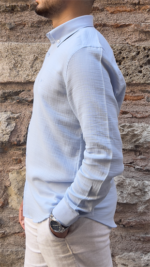 Slim Fit Uzun Kol Müslin Pamuk Rahat Nefes Alabilen Kumaştan Yaka Düğmeli Hediye Kutulu Erkek Gömlek FS-004202 - Açık Mavi