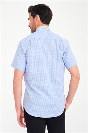 Klasik Kısa Kol Neon Kare Yaka Düğmeli Hediye Kutulu Erkek Gömlek FS-001221 - Mavi