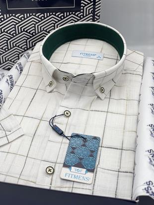 Klasik Kısa Kol Kareli Keten Cotton Yaka Düğmeli Hediye Kutulu Erkek Gömlek FS-003573 - Beyaz Yeşil