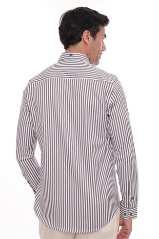 Slim Fit Uzun Kol Likralı Çizgili Yaka Düğmeli Hediye Kutulu Erkek Gömlek FS-003669 - Kahverengi