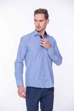 Klasik Uzun Kol Çubuk Çizgili Hediye Kutulu Erkek Gömlek FS-001365 - Beyaz Mavi