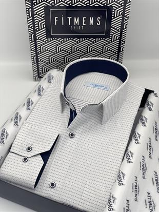 Klasik Uzun Kol Nokta Desenli Hediye Kutulu Erkek Gömlek FS-001259 - Beyaz Lacivert